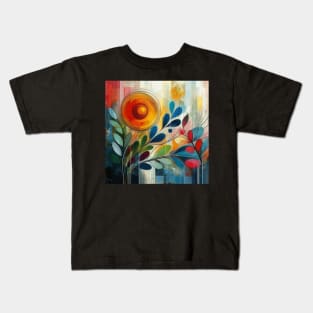 Abstract Orange Blue Red Flower and Leaves Kids T-Shirt